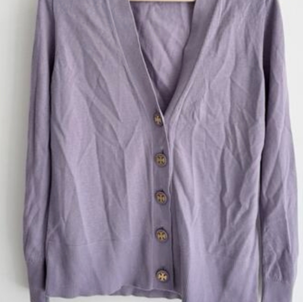 Tory Burch Purple Knit Cardigan with Gold Logo Buttons - Picture 6 of 6
